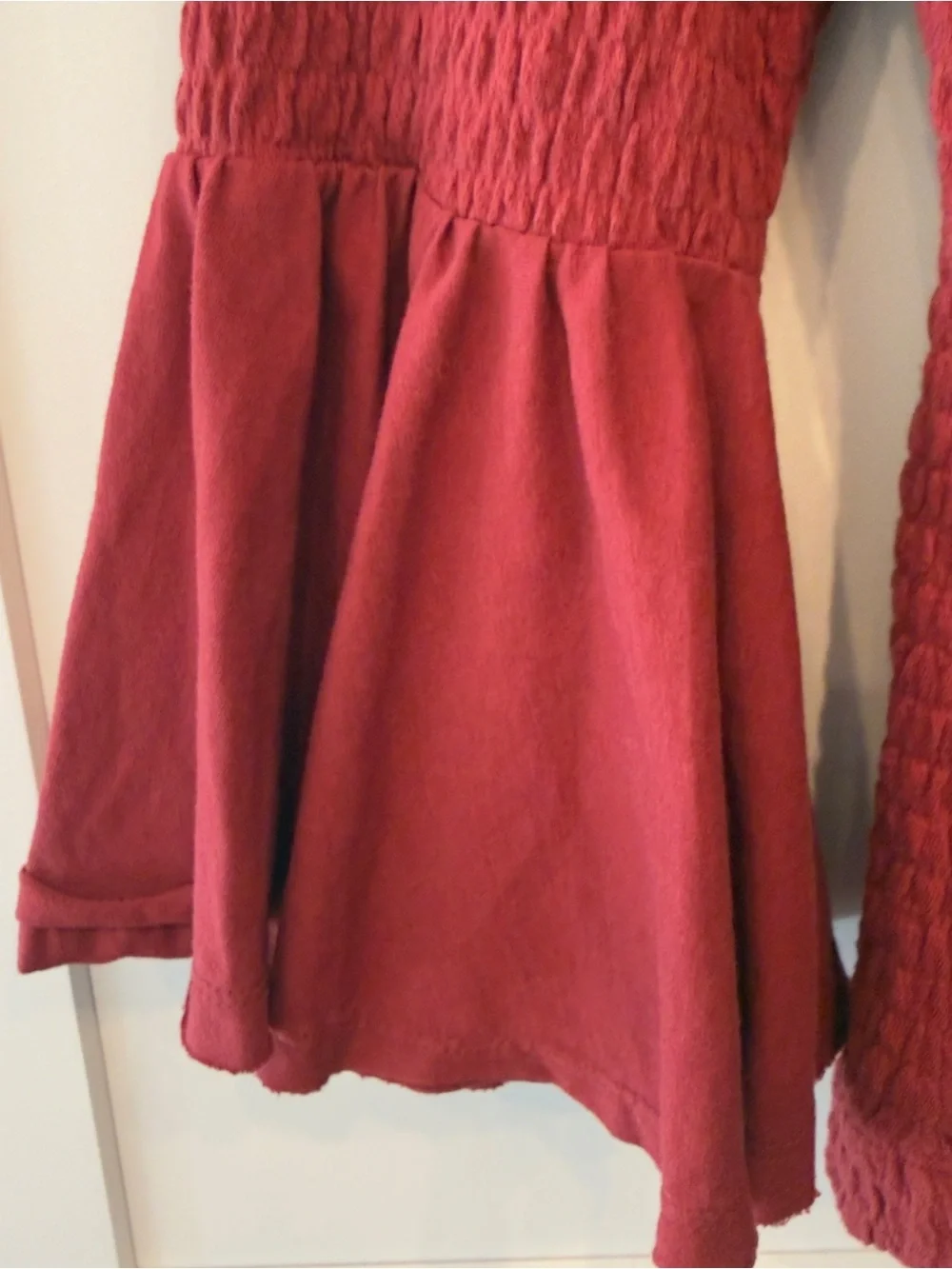 Anthropologie Wine Red Smocked Bell Sleeve Scoop Neck Top Size M